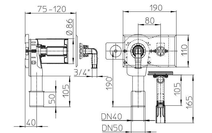 Сифон Hutterer & Lechner для пральної та посудомийної машини DN40/50 180х100мм з інтегрованим підключенням води HL405 HL405 фото