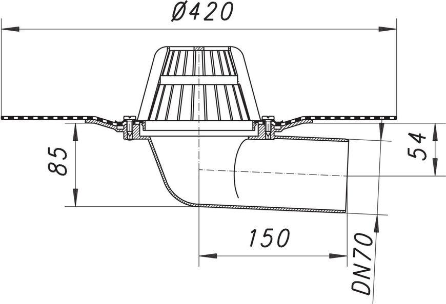 Покрівельна воронка DALLMER тип 83 DallBit, DN75 з бітумною мембраною, горизотальним випуском DN50 мм 832641 фото